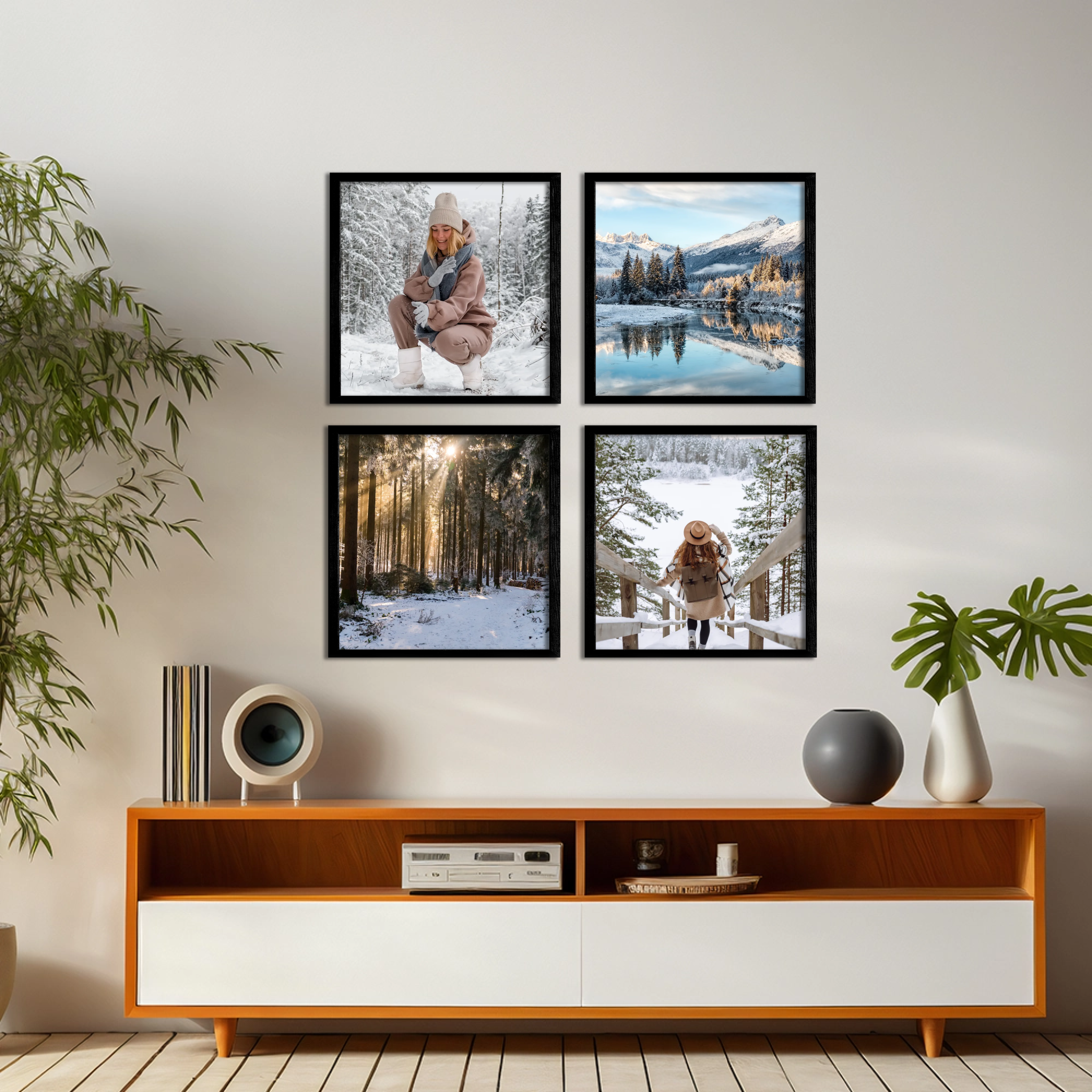 Galériová stena – Nahrať fotografie – 4 štvorcové plagáty s rámami