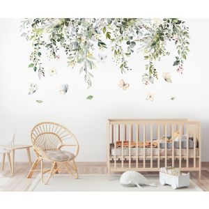 Nálepka na stenu - Tropické zelené listy a motýle