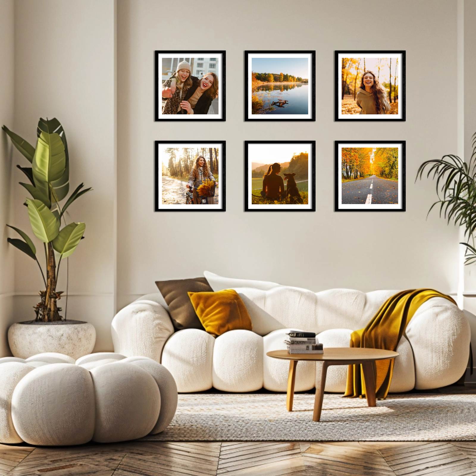 Galériová stena – Nahrať fotografie – 6  štvorcové plagáty s rámami